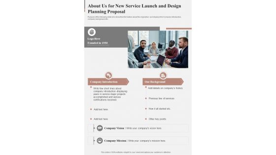New Service Launch And Design Planning Proposal For About Us One Pager Sample Example Document