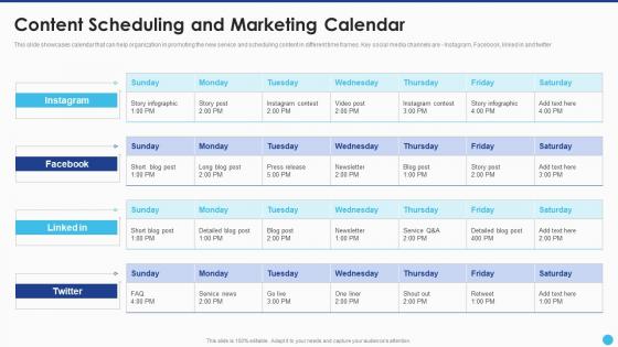 New Service Launch And Marketing Content Scheduling And Marketing Calendar