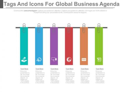 New six staged tags and icons for global business agenda flat powerpoint design