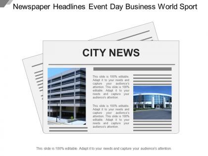 Newspaper headlines event day business world sport