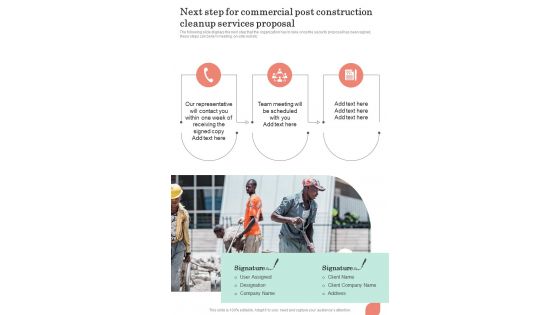 Next Step For Commercial Post Construction Cleanup Services Proposal One Pager Sample Example Document