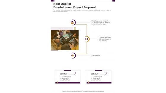 Next Step For Entertainment Project Proposal One Pager Sample Example Document