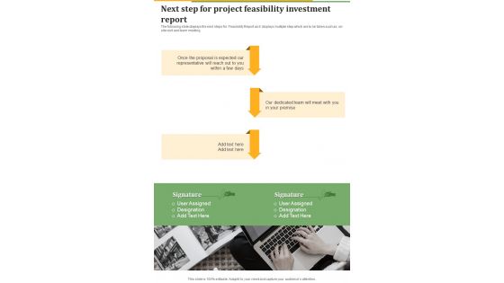 Next Step For Project Feasibility Investment Report One Pager Sample Example Document