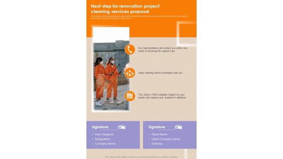 Next Step For Renovation Project Cleaning Services Proposal One Pager Sample Example Document