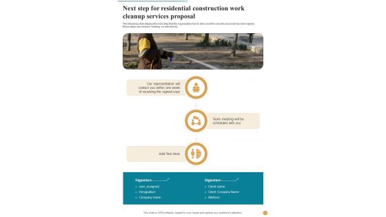 Next Step For Residential Construction Work Cleanup Services Proposal One Pager Sample Example Document