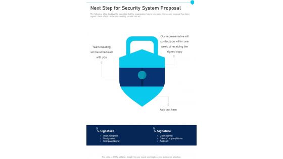 Next Step For Security System Proposal One Pager Sample Example Document