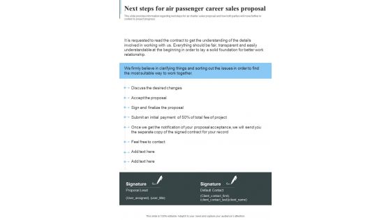 Next Steps For Air Passenger Career Sales Proposal One Pager Sample Example Document