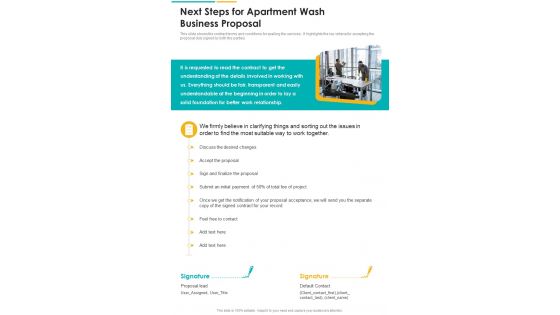 Next Steps For Apartment Wash Business Proposal One Pager Sample Example Document