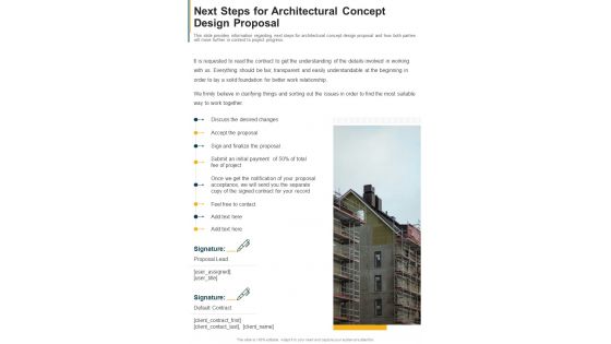 Next Steps For Architectural Concept Design Proposal One Pager Sample Example Document