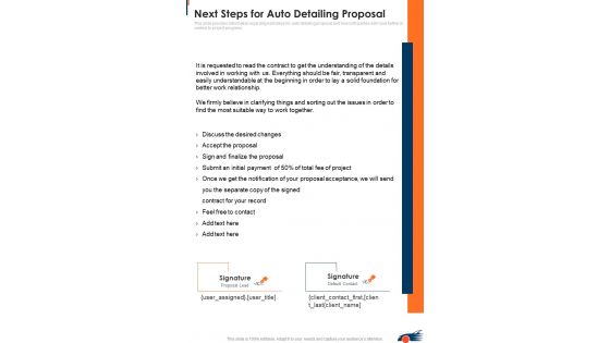 Next Steps For Auto Detailing Proposal One Pager Sample Example Document