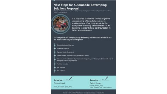 Next Steps For Automobile Revamping Solutions Proposal One Pager Sample Example Document