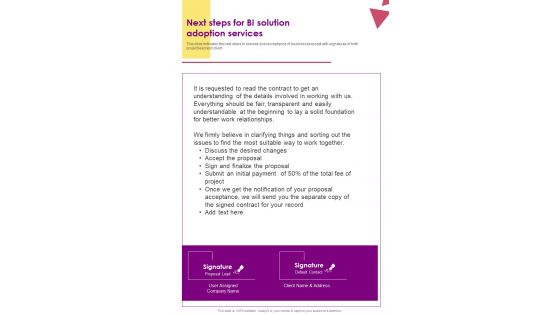 Next Steps For BI Solution Adoption One Pager Sample Example Document