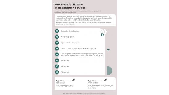 Next Steps For BI Suite Implementation One Pager Sample Example Document