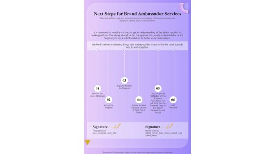 Next Steps For Brand Ambassador Services One Pager Sample Example Document