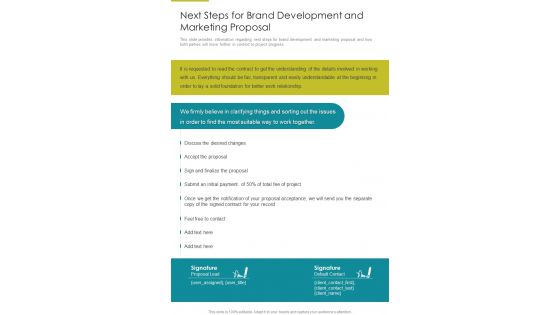 Next Steps For Brand Development And Marketing Proposal One Pager Sample Example Document
