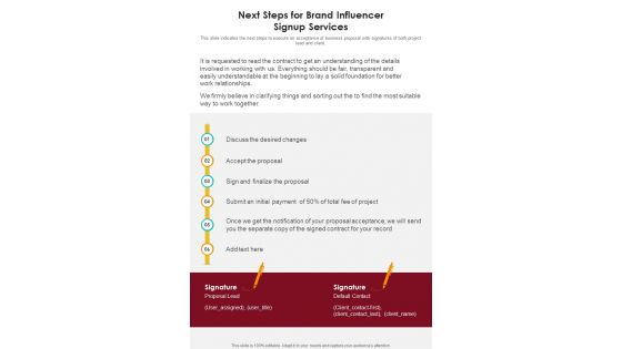 Next Steps For Brand Influencer Signup Services One Pager Sample Example Document