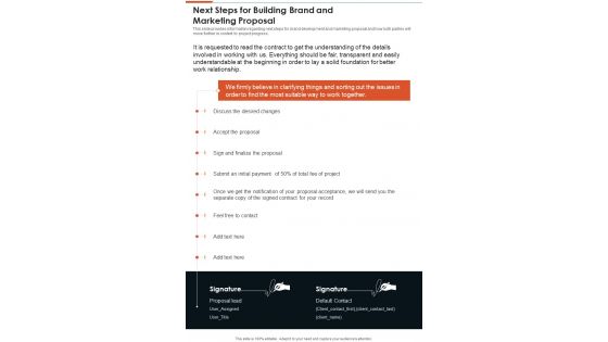 Next Steps For Building Brand And Marketing Proposal One Pager Sample Example Document