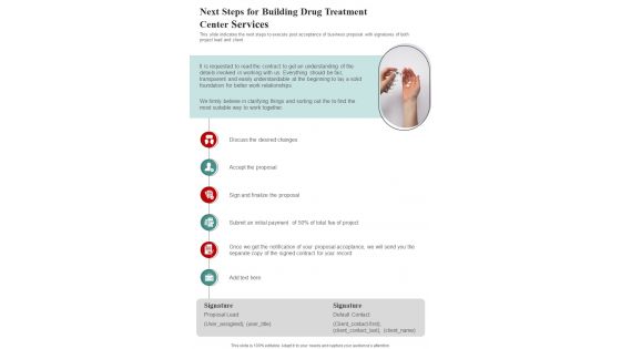 Next Steps For Building Drug Treatment Center Services One Pager Sample Example Document