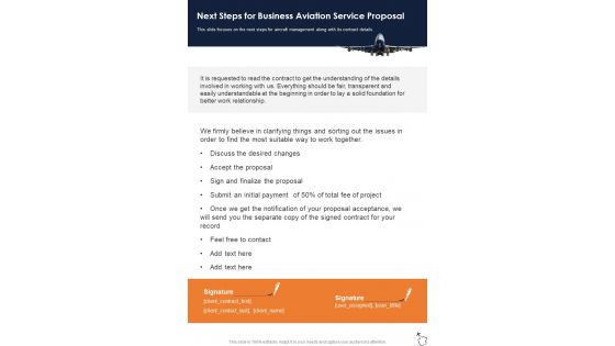 Next Steps For Business Aviation Service Proposal One Pager Sample Example Document