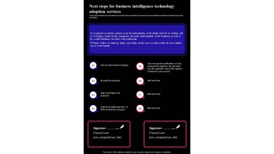 Next Steps For Business Intelligence Technology Adoption Services One Pager Sample Example Document