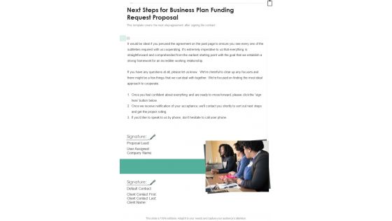 Next Steps For Business Plan Funding Request Proposal One Pager Sample Example Document