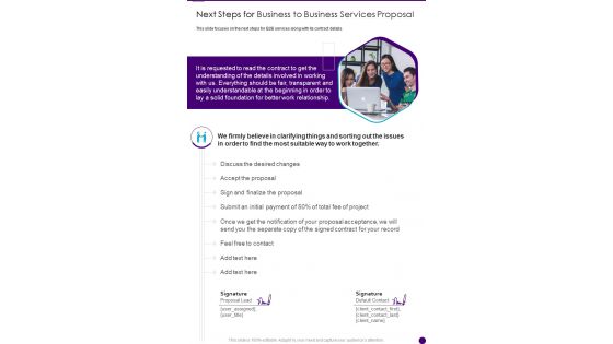 Next Steps For Business To Business Services Proposal One Pager Sample Example Document
