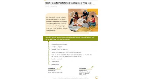 Next Steps For Cafeteria Development Proposal One Pager Sample Example Document