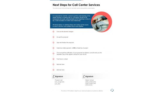 Next Steps For Call Center Services One Pager Sample Example Document
