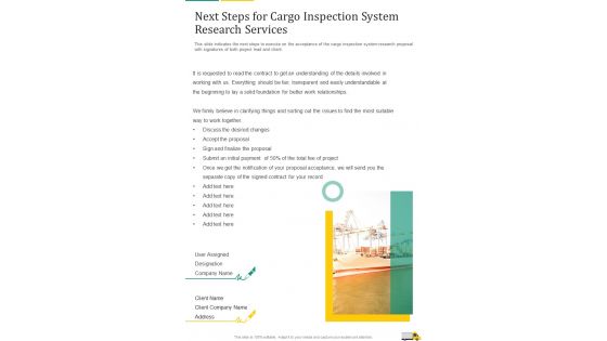 Next Steps For Cargo Inspection System Research Services One Pager Sample Example Document