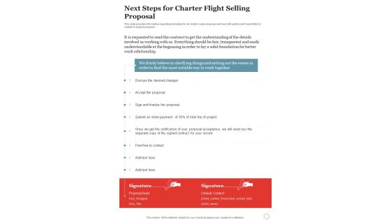 Next Steps For Charter Flight Selling Proposal One Pager Sample Example Document