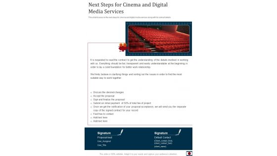 Next Steps For Cinema And Digital Media Services One Pager Sample Example Document