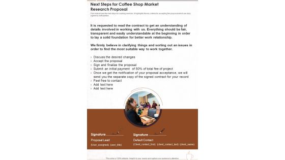 Next Steps For Coffee Shop Market Research Proposal One Pager Sample Example Document
