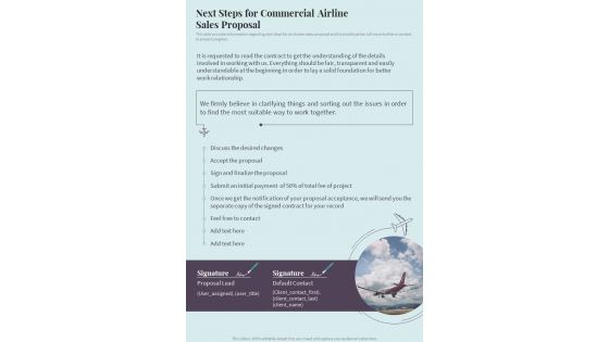 Next Steps For Commercial Airline Sales Proposal One Pager Sample Example Document