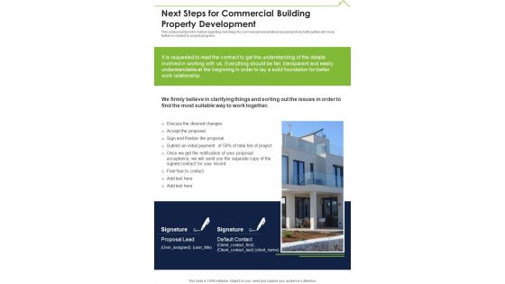 Next Steps For Commercial Building Property Development One Pager Sample Example Document