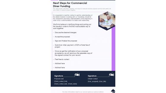 Next Steps For Commercial Diner Funding One Pager Sample Example Document