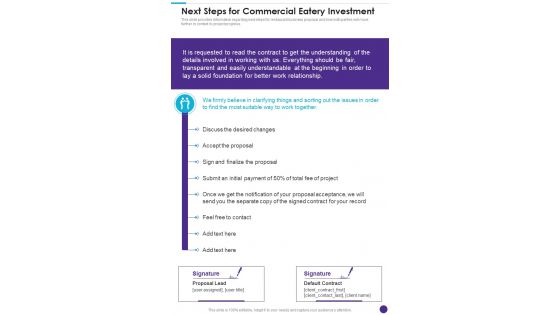 Next Steps For Commercial Eatery Investment One Pager Sample Example Document