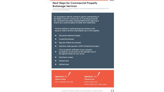 Next Steps For Commercial Property Brokerage Services One Pager Sample Example Document