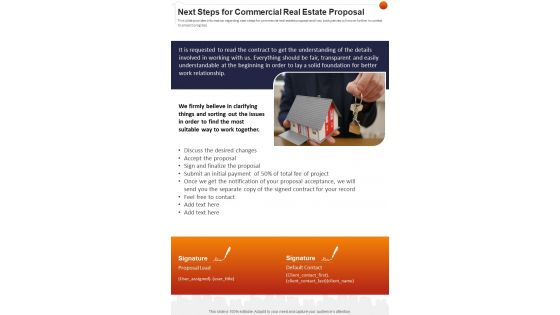 Next Steps For Commercial Real Estate Proposal One Pager Sample Example Document