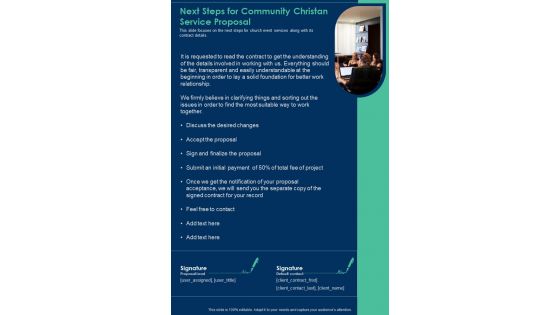 Next Steps For Community Christan Service Proposal One Pager Sample Example Document