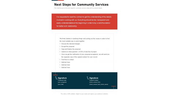 Next Steps For Community Services One Pager Sample Example Document