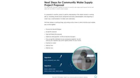 Next Steps For Community Water Supply Project Proposal One Pager Sample Example Document