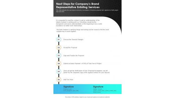 Next Steps For Companys Brand Representative One Pager Sample Example Document