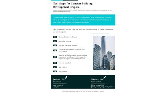 Next Steps For Concept Building Development Proposal One Pager Sample Example Document
