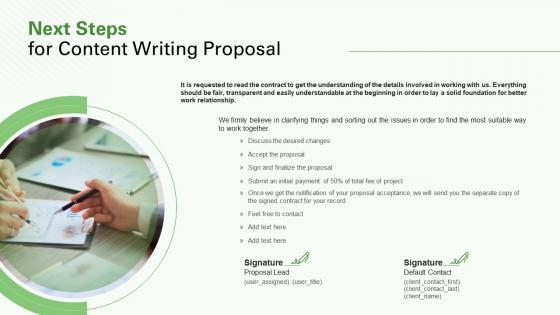 Next steps for content writing proposal ppt mockup
