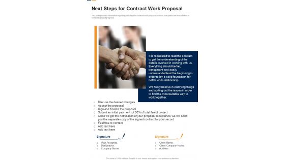 Next Steps For Contract Work Proposal One Pager Sample Example Document
