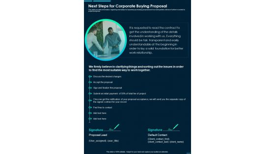 Next Steps For Corporate Buying Proposal One Pager Sample Example Document