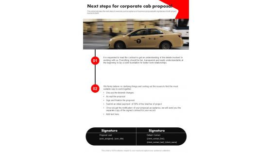 Next Steps For Corporate Cab Proposal One Pager Sample Example Document