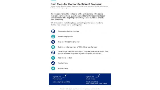 Next Steps For Corporate Retreat Proposal One Pager Sample Example Document