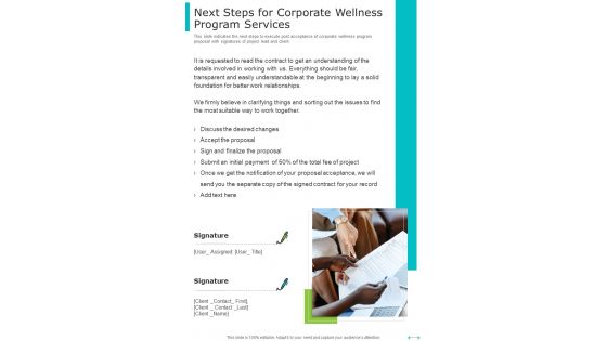 Next Steps For Corporate Wellness Program Services One Pager Sample Example Document