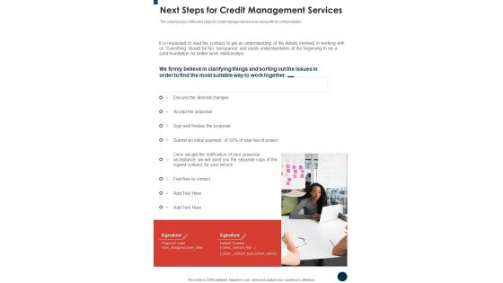 Next Steps For Credit Management Services One Pager Sample Example Document